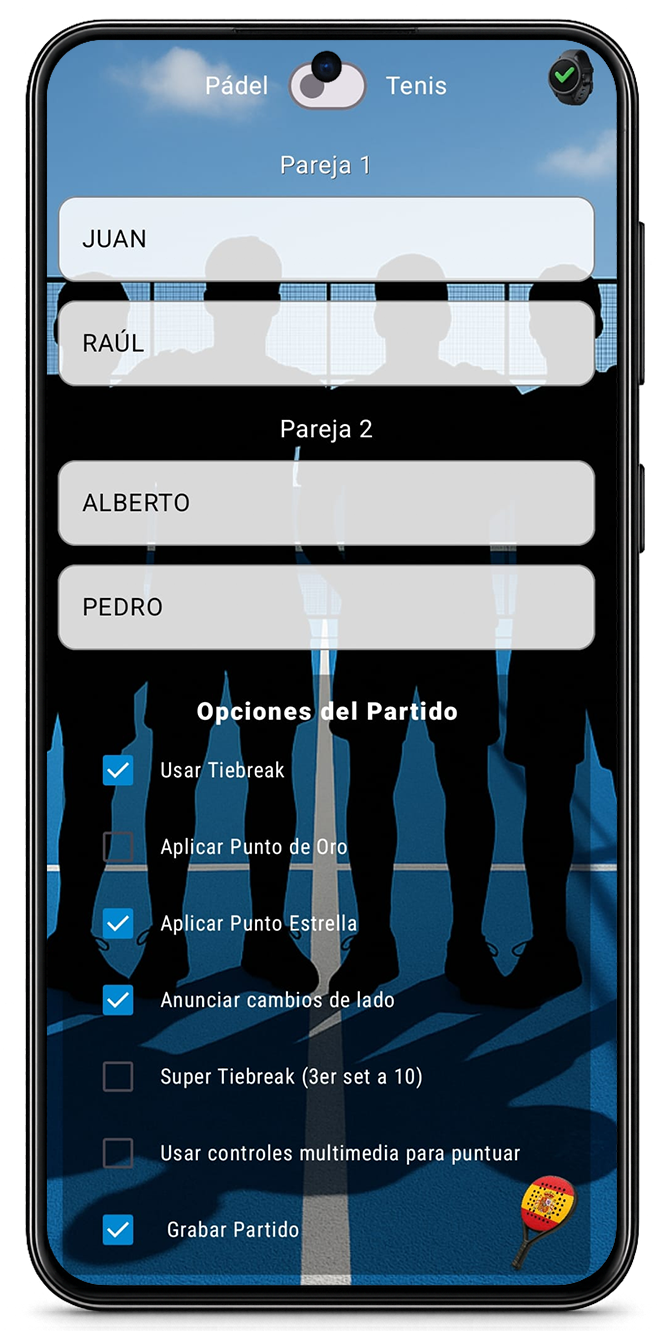 Configuración de partido en modo pádel