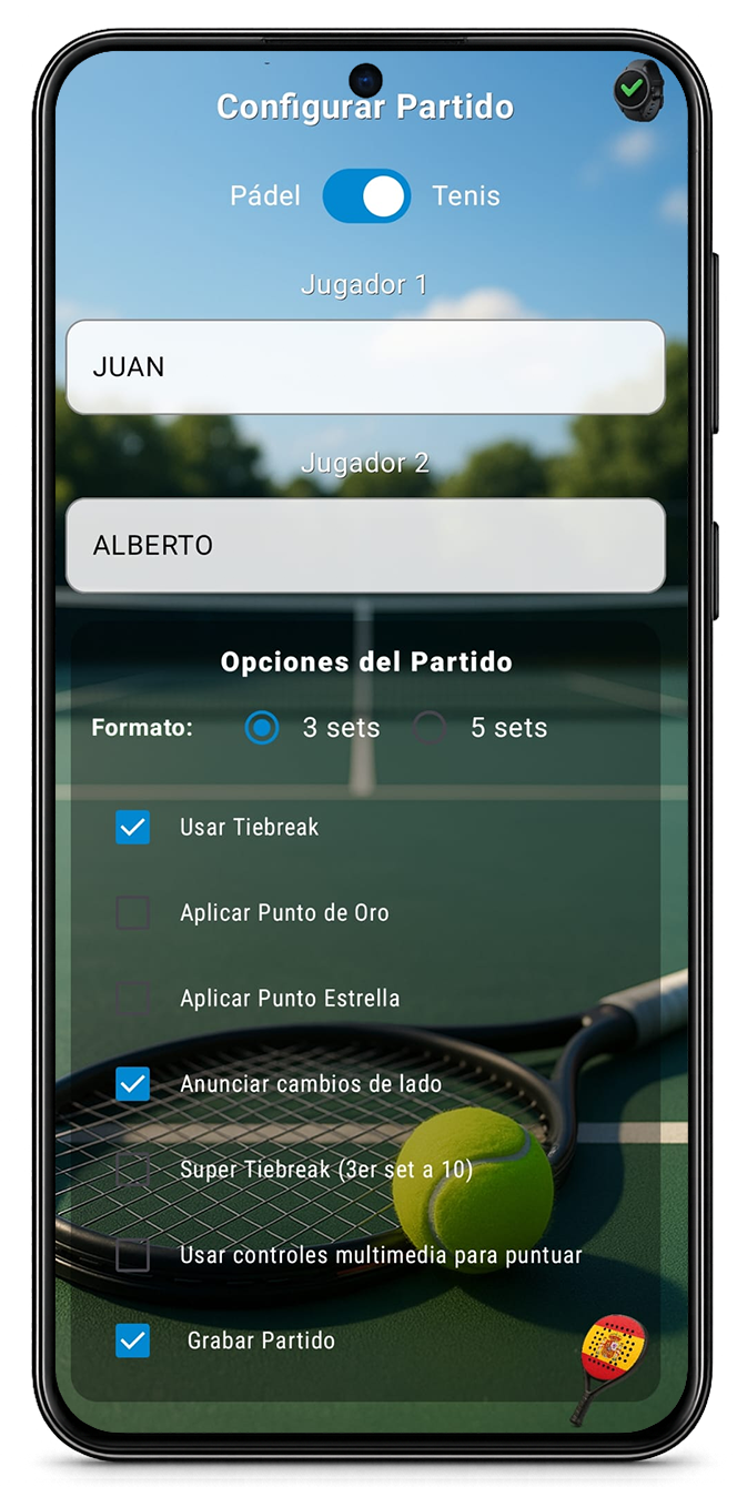 Configuración de partido en modo tenis